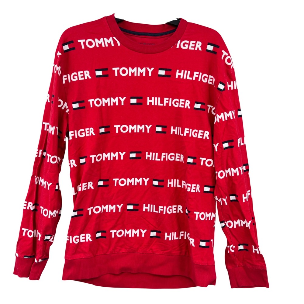 VTG Tommy‎ Hilfiger Red All Over Logo Print Long Sleeve Sleep Shirt Size L 90s